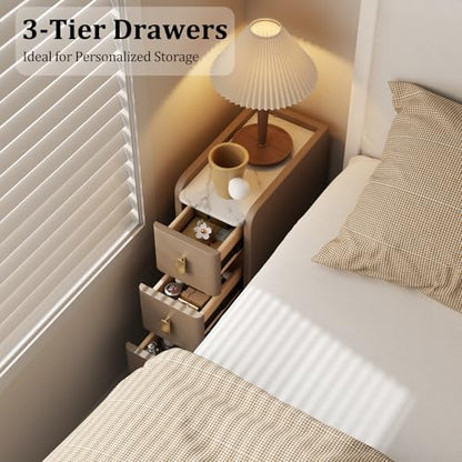 AQIMUELE Narrow Nightstand with Drawers, Narrow Side Table Leather, Small Bedside Tables for Bedroom. (Beige) - color: Beige, size: 7.8"W x 15"D x 22.8"H