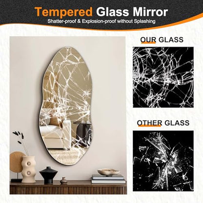 Irregular Wall Mirror, 32"x14" Slim Vertical Wavy Design | Frameless, Entryway, Hallway & Bathroom, Modern Boho, Wall-Mounted - size: 32"L x 14"W