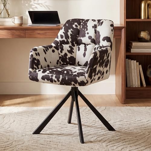 EALSON Comfy Velvet Desk Chair Modern Computer Task Chair no Wheels Swivel Accent Chair with Mid Back Arm Chair for Living Room/Bedroom/Home Office, Cow Print - color: Cow Print