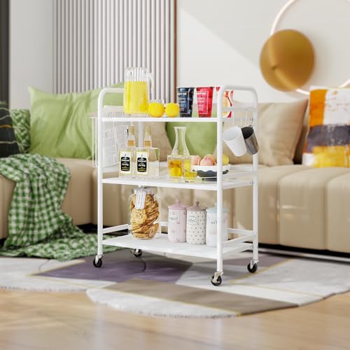 HDANI 3 Tier Metal Rolling Utility Cart,High Capacity Multi Purpose Heavy Duty Cart for Office,Kitchen,Living Room,Bedroom,White - color: White, size: Large Solid with Basket