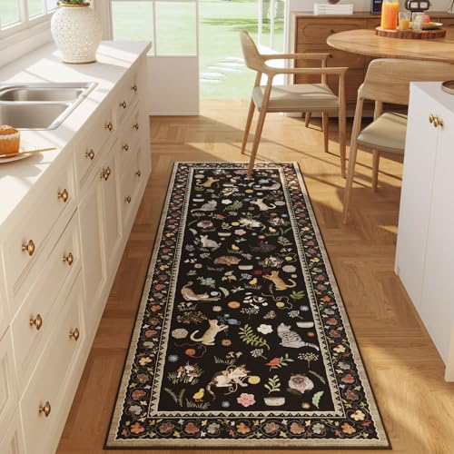 Rugcomf Runner Rug for Kitchen Non Slip 2'6''x8' Washable Rugs with Rubber Backing Soft Floral Animal Cat Carpet Runner for Kitchen Laundry Bedroom Bathroom, Black - color: Black/Cat, size: 2'7" x 8' (Rectangular)