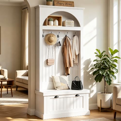 Hall Tree with Bench and Shoe Storage, Farmhouse Entryway Coat Rack with Arched Top Shelf, 5 Hooks, Flip-Down Shoe Cabinet, Beadboard Paneling, Anti-Tip Device, White, 32.7" x 15.8" x 76.8"