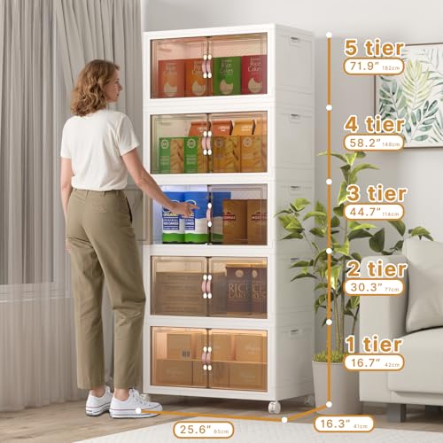 600QT Stackable Storage Bins with Lids,Doors & Wheels | Closet Organizers and Storage Cabinet, Lockable Plastic Foldable Drawers for Bedroom Dorm Office Garage（120QT*5,White） - color: White, size: 25.6"L