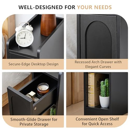 Narrow Nightstands Set of 2, Slim Bedside Tables with Raised Edge Top, Arched Drawer & Open Shelf, Modern Wooden Small End Tables for Bedroom Small Spaces (2, Black) - color: Black-arched Drawer, size: 2-Pack