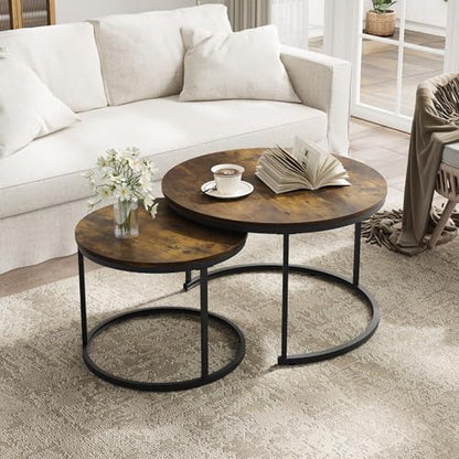 Smuxee Rustic Nesting Coffee Table Set of 2, 27.6" Round Coffee Table Wooden Marble Pattern with Adjustable Non-Slip Feet, Industrial End Table for Living Room Bedroom Balcony - color: Rustic Brown, size: 27.6"W