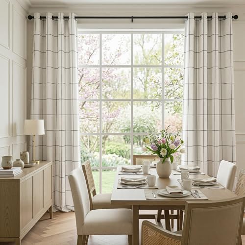 MYSKY HOME 100% Blackout Plaid Farmhouse Linen Curtains 84 Inch Long 2 Panels Set Double Layer Windowpane Checkered Drapes Thermal Insulated Black Out Living Room Drapes, 52" W Each Panel, Deep Grey - color: Deep Grey, size: 52"W x 84"L (Pack of 2)