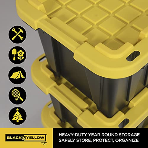 CX Heavy Duty 12-Gallon Stackable Plastic Storage Bins with Lids, 4 Pack | Storage totes for garage organization, Stackable containers, weather-resistant, snap lid, 12.5H x 16.3W x 21.8D, Black/Yellow - size: 12 Gallon