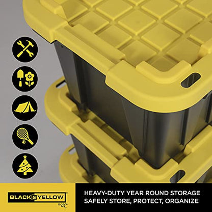 CX Heavy Duty 12-Gallon Stackable Plastic Storage Bins with Lids, 4 Pack | Storage totes for garage organization, Stackable containers, weather-resistant, snap lid, 12.5H x 16.3W x 21.8D, Black/Yellow - size: 12 Gallon