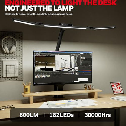 Honeywell Wide Desk Lamp with Clamp for Dual Monitors, 22W Full-Spectrum Eye-Caring LED Desk Lamp for Home Office, 3-Section Adjustable Architect Light for Large Desk, Stepless Dimming, 3000K-5700K