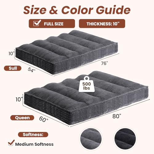 10" Futon Mattress Queen Size,Futons Sofa Couch Bed with Straps, Thick Corduroy Floor Mattress for Adults, Roll Up Folding Mattress Shredded Foam Filling, Medium Firm (Gray, Full) - color: Grey, size: Full (10 inches)
