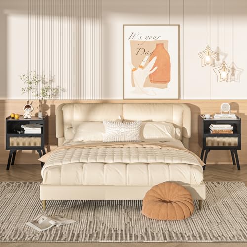 Lerliuo Rattan Nightstands Set of 2, Bedside Table with Drawer Open Shelf | Cane Accent Side End Table with Solid Wood Legs, Black Mid Century Night Stand for Bedroom, Dorm and Small Spaces - color: Black With Natural, size: 2 pack