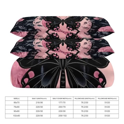 Black Butterfly, Pink Roses, Moons & Stars 3 Piece Reversible Bedding Set 90"x90",Double Sided Brushed Microfiber Duvet Cover Set with 2 Pillowcases Soft Breathable Comforter Cover for Home - color: Black Butterfly, Pink Roses, Moons & Stars, size: 90"x90