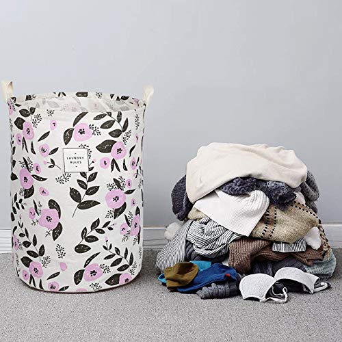 UUJOLY Collapsible Laundry Basket, Laundry Hamper with Handles Waterproof Round Cotton Linen Laundry Hamper Printing Household Organizer Basket, 19.7x15.7 inches, Purple