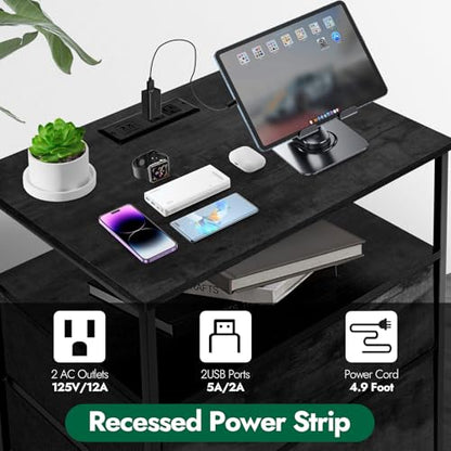 3-Drawer LED Nightstand Set 2 with Charging Station, Black | Engineered Wood and Steel, 2 AC and 2 USB ports, 24 Inch Wide, RGB App Control, Fabric Drawers, Open Storage Shelf - color: Black, 2 Pack