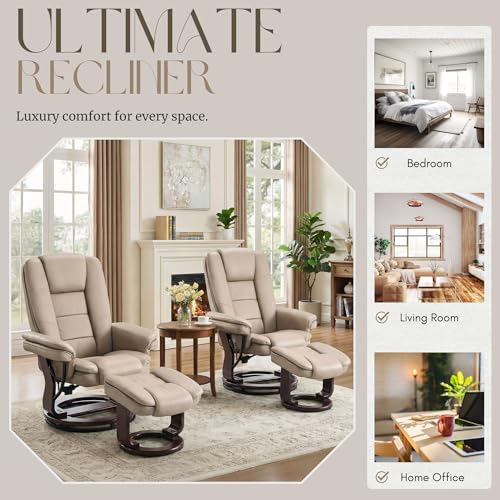 Swivel Recliner Chair with Ottoman Reclining Lounge Sofa Footrest, Set of 1 | 360°Sturdy Wood Base, Soft Faux Leather, Upholstered Ultra-Plush Foam, Modern Armchair, Living Room Bedroom Office Reading - color: Taupe, size: Set of 1