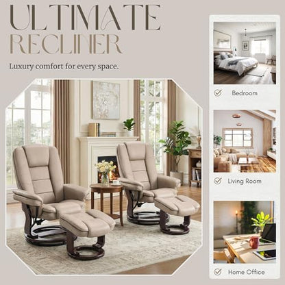 Swivel Recliner Chair with Ottoman Reclining Lounge Sofa Footrest, Set of 1 | 360°Sturdy Wood Base, Soft Faux Leather, Upholstered Ultra-Plush Foam, Modern Armchair, Living Room Bedroom Office Reading - color: Taupe, size: Set of 1