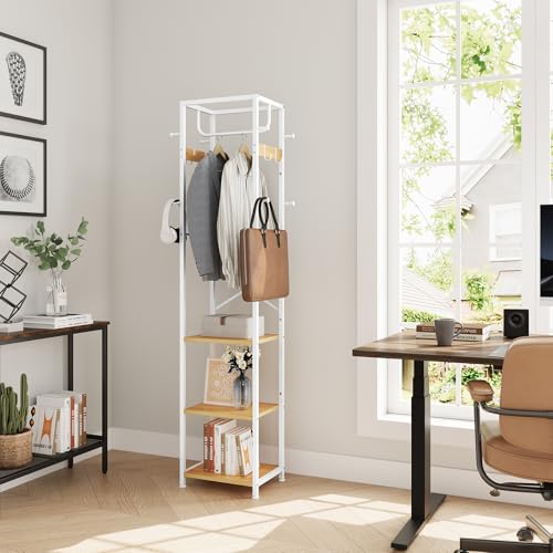 ELYKEN Coat Rack Freestanding, Hall Tree with 3 Shelves and 12 Hooks | Industrial Metal Frame, Space-Saving Design, Clothes Rack Stand Organizer for Bedroom, Hallway, Entryway, Office, Living Room - color: Natural
