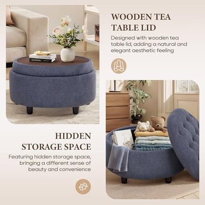 COLAMY Round Hidden Storage Ottoman with Reversible Tray Lid – Multi-Functional Footrest, Sturdy & Stylish Fabric Coffee Table for Living Room, Bedroom, or Entryway, Blue - color: Blue