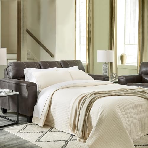 Signature Design by Ashley Navi Faux Leather Queen Sleeper Sofa Bed, Gray | Warm-feel weathered polyester blend, Space-saving pull-out design for multi-use rooms, Supportive attached cushion back - color: Grey, style: Sleeper