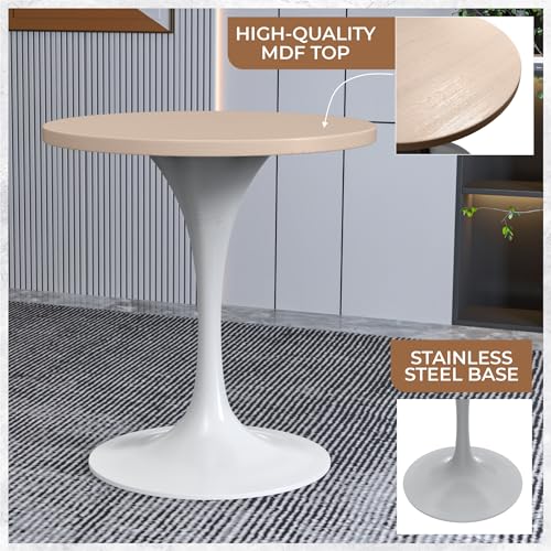 LeisureMod Verve Mid-Century Modern 27 Inch Round Dining Table, MDF Wood Tabletop with White Steel Pedestal Base, Contemporary Kitchen & Dining Room, Small Space Breakfast Table, Light Natural Wood - color: Light Natural Wood, size: 27 inch Wide