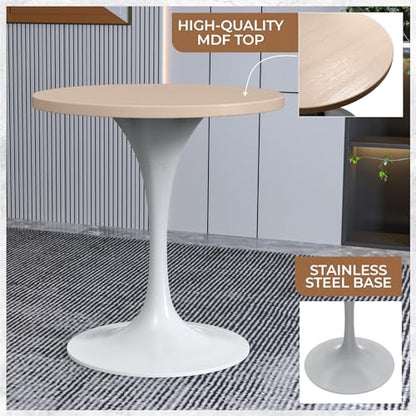 LeisureMod Verve Mid-Century Modern 27 Inch Round Dining Table, MDF Wood Tabletop with White Steel Pedestal Base, Contemporary Kitchen & Dining Room, Small Space Breakfast Table, Light Natural Wood - color: Light Natural Wood, size: 27 inch Wide