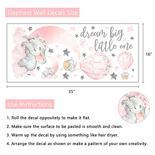 Yovkky Girls Sleeping Elephant Dream Big Little One Nursery Wall Decals | Stickers, Watercolor Pink Moon Hot Air Balloon Grey Star Crib Decor, Home Baby Shower Toddler Room Decorations Kids Bedroom - color: Pink Elephant