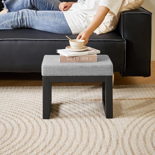 IBUYKE 16 Inch Small Foot Stool Ottoman, Rectangle Linen Foot Rest with Padded Seat and Metal Legs, Modern Ottoman Foot Rest for Living Room Bedroom Entryway Couch, Grey-Blue WBD001L - color: Grey-blue