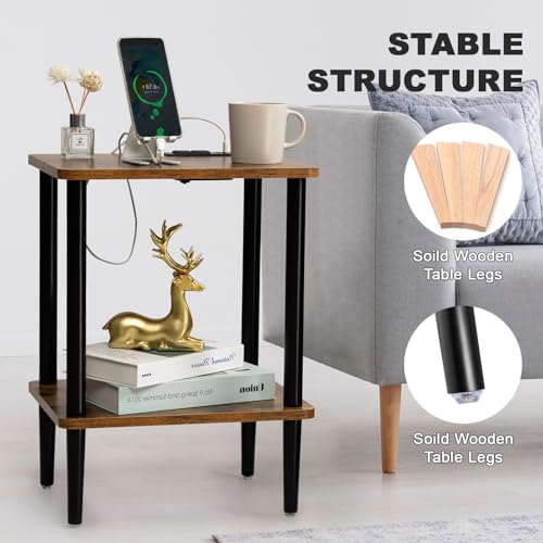 FORAOFUR End Table with Charge Station, Small End Tables Living Room, Nightstand with 2 Tier Storage Shelves for Small Spaces, Living Room, Bedroom, Sofa End Table Rustic Brown - color: Rustic Brown