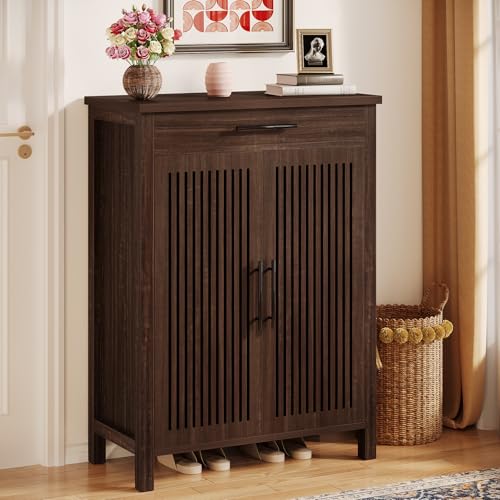 Tribesigns 5-Tier Shoe Storage Cabinet, Black Walnut | Louvered Doors and Drawer, Freestanding Wooden Shoe Rack, Adjustable Shelves, For Entryway, Hallway, Closet - color: Black Walnut