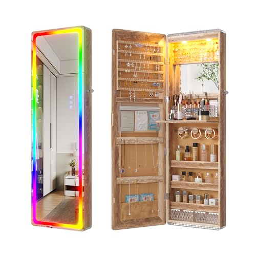 HNEBC Over the Door Jewelry Organizer with LED RGB Lights, 47.2" Full Length Mirror with Storage, Wall Mounted Jewelry Armoire, Hanging Mirror with 2 Drawers,Lokable,3 Shelves-Wood - color: A-Brown