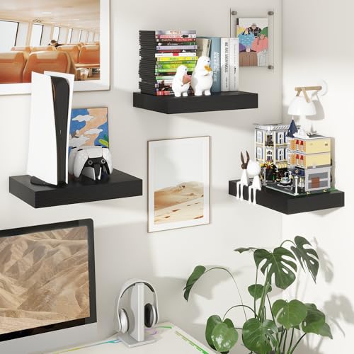 12 Inch Deep Floating Shelves, 16 Inch Black Wall Shelves Set of 2 | Invisible Brackets, Engineered Wood, Mounting Hardware Included, 35LBS, Bathroom, Laundry Room, Kitchen, Living Room - color: Black, size: 16W x 11.6D x 2H, 2 Pack
