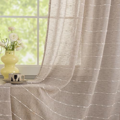 Taupe Sheer Curtains 84 Inches for Living Room Faux Linen 2 Panels | Farmhouse Semi Sheer Light Filtering Rod Pocket Drapes for Home Decor, Striped Pattern, Window Treatment, 52 x 84 - color: Taupe, size: 52"W x 84"L (Pack of 2)