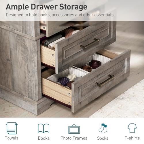 3 Drawer Tall Nightstand with Charging Station, Farmhouse Bedside Table, 27.6" W x 29.5" H, Wide End Table for Bedroom Living Room, End Tables with Charging Station, Greige - color: Greige