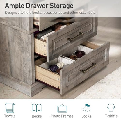 3 Drawer Tall Nightstand with Charging Station, Farmhouse Bedside Table, 27.6" W x 29.5" H, Wide End Table for Bedroom Living Room, End Tables with Charging Station, Greige - color: Greige