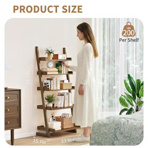 Uniclinens Walnut Wooden Ladder Shelf, 5-Tier Ladder Shelf Bookcase, Ladder Bookshelf for Compact Spaces, Solid Wood Bookshelf for Living Room, Bedroom, Home Office,(23.6''Dx15.7''Wx55.1''H) - color: Walnut