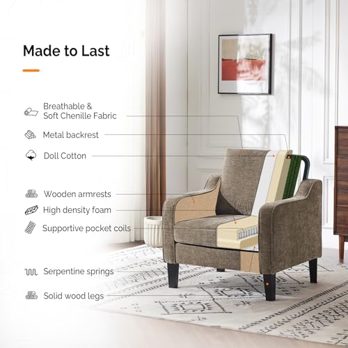 VINGLI Chair Light Brown Upholstered Chenille Accent Chair for Living Room, Bedroom, Mid-Century Modern Arm Chair Comfy Reading Chair with Scooped Arms - color: Light Brown