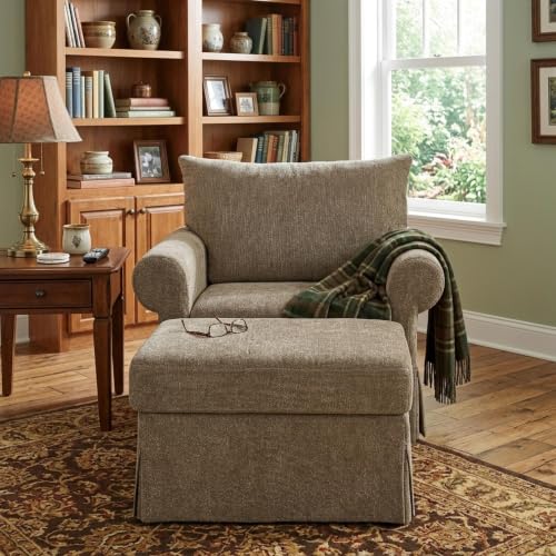 Eafurn Modern Chenille Accent Chair with Ottoman for Small Space, Comfy Upholstered Reading Chairs Lounge Armchair with Foot Rest, Sturdy Solid Wood Frame for Living Room - color: Brown 37.5"