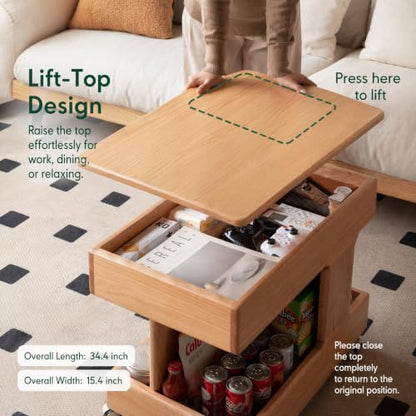 Small Lift Top Coffee Table with Wheels, Solid Wood Table with Storage | Lift top coffee table with hidden storage, rotating tabletop and wheels, designed for small spaces with no assembly required. - color: Natural