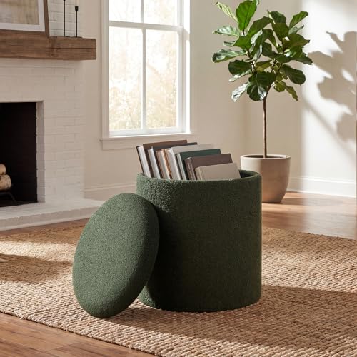 14.5" Small Ottoman with Storage, Teddy Velvet Foot Rest Stool with Reversible Wood Tray Lid, Round Storage Ottoman Coffee Table, Vanity Stool for Living Room, Olive Green - color: Olive Green