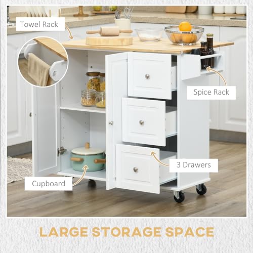 HOMCOM Drop Leaf Kitchen Island on Wheels, Rolling Kitchen Cart with Cabinet, 3 Drawers, Wooden Top, Towel Rack and Spice Rack, White