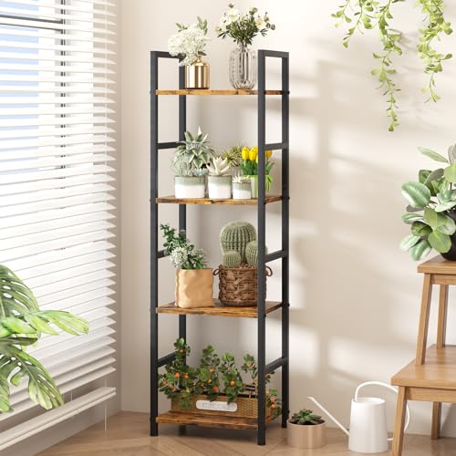 4 Tier Bookshelf, Narrow Storage Organizer for Small Space, Brown | Heavy-duty steel frame, 4 open shelves, Anti-slip feet, Easy assembly, Industrial Storage for Living room, Bedroom - size: 4 Tier