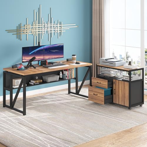 Tribesigns 63" Executive with Drawer Cabinet, L Shaped Desk and Lock lateral File Cabinet, 2 Piece Home Office Furniture Set with Drawers for Hanging File, (Brown, 63 inches) - color: Brown, size: 63 inches