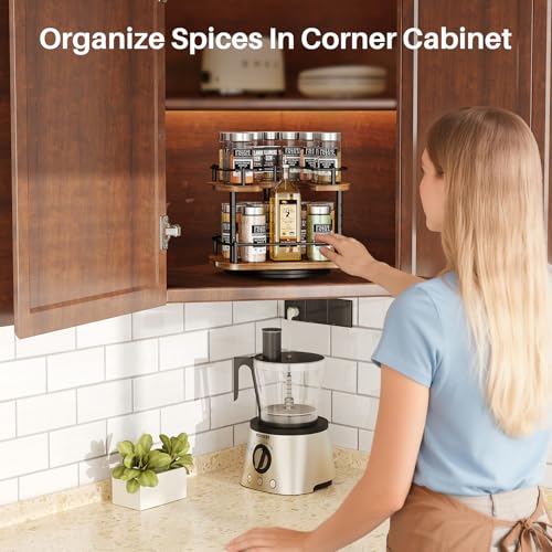 SNTD Lazy Susan Spice Rack Organizer for Cabinet, Wood, Vintage, 9 in | Rotating Turntable, Height Adjustable, Space-Saving D-Shape Design, Revolving Spice Storage for Kitchen Countertop Pantry - color: Vintage, size: 9 Inch