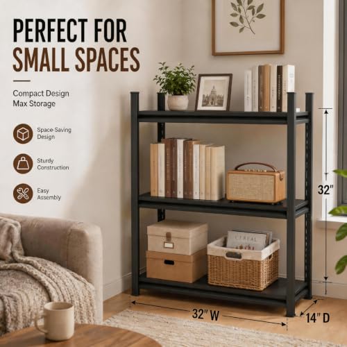 3 Shelf Bookcase, 32" W x 14" D x 32" H Narrow Metal Bookcase for Small Spaces, Black Small Bookshelf, Industrial Standing Storage Shelves for Living Room, Bedroom & Home Office - size: 3 Tier-32"Wx 14"Dx 32"H