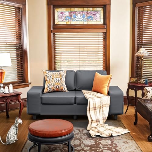71" Leathaire Loveseat Couch, 2 Seater Retro Sofa with 4 Side Pockets, Removable and Washable Cushions, Living Room，Apartment, Office (Dark Grey) - color: Dark Grey Leathaire, size: 71 "