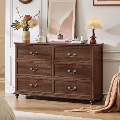 Joaxswe Farmhouse 6 Drawers Dresser for Bedroom, Vintage 54" Wide Chest of Drawers w/ 4 Wooden Legs, Rustic Large Closet Storage Dressers Organizer for Hallway, Wood TV Stand for Living Room, Brown - color: Retro Brown, size: 15.7"D x 54"W x 34.6"H (6 Dra