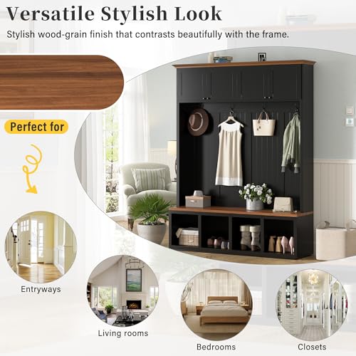 76.7''H Farmhouse Hall Tree with Storage Cabinet & Bench, Black - color: Black, size: 59”W x 15.7”D x 76.7”H