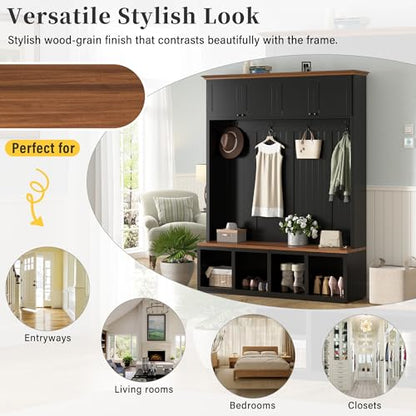 76.7''H Farmhouse Hall Tree with Storage Cabinet & Bench, Black - color: Black, size: 59”W x 15.7”D x 76.7”H