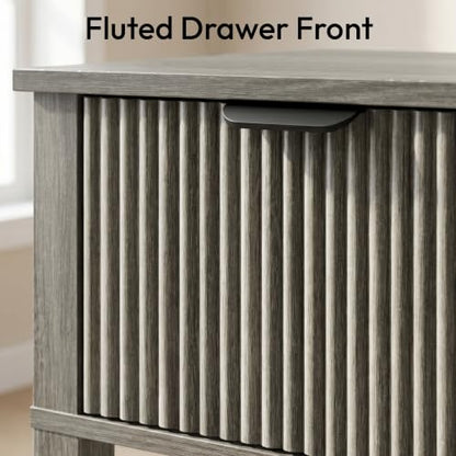 FuniXpress Small Nightstand, 15" Wide, Drawer Shelf, Weathered Gray Fluted | Weathered gray tone, clean fluted front, 11.8-inch slim depth, smart storage, fits guest rooms or small spaces - color: Weathered Gray
