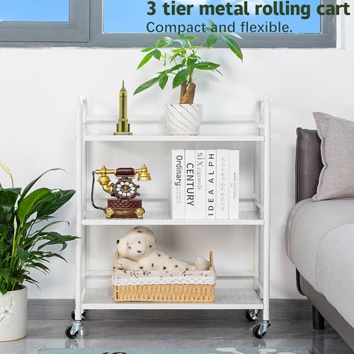 HDANI 3 Tier Metal Rolling Heavy Cart Supports 40 Lbs Per Tier,Mesh Rolling Cart with 2 Lockable Wheels for Office,Home,Bedroom,Kitchen,Bathroom(White) - color: White, size: Large Mesh